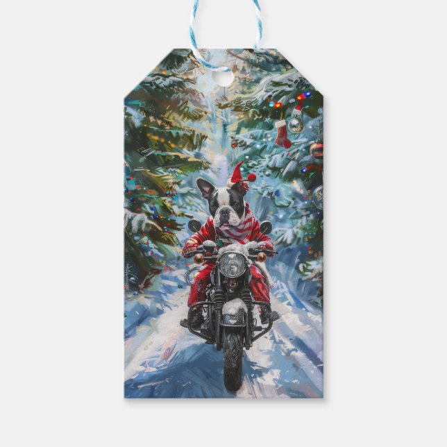 Boston Terrier Hund Riding Motorcykel jul Presentetikett (Framsidan)