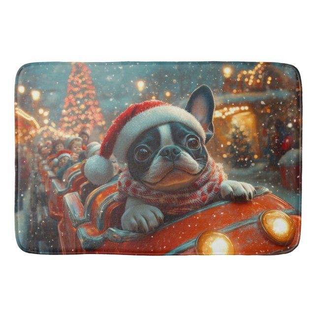 Boston Terrier Hund Rulltrappa Jul Badrumsmatta (Framsidan)