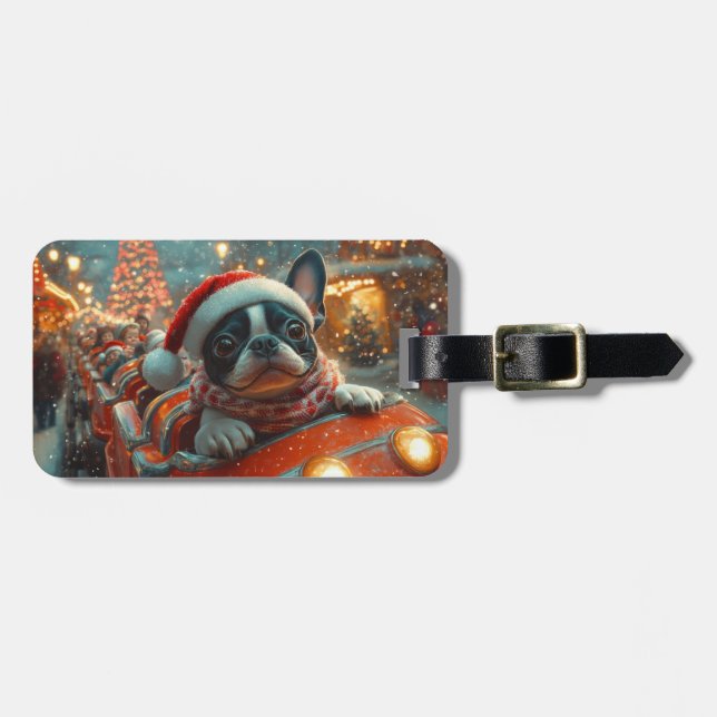 Boston Terrier Hund Rulltrappa Jul Bagagebricka (Horisontell Framsida)