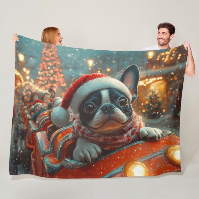 Boston Terrier Hund Rulltrappa Jul Fleecefilt (På plats)