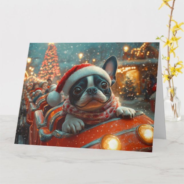 Boston Terrier Hund Rulltrappa Jul Kort (Gul blomma)