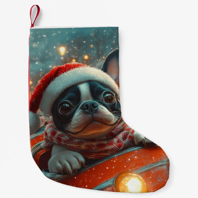 Boston Terrier Hund Rulltrappa Jul Liten Julstrumpa (Framsidan)