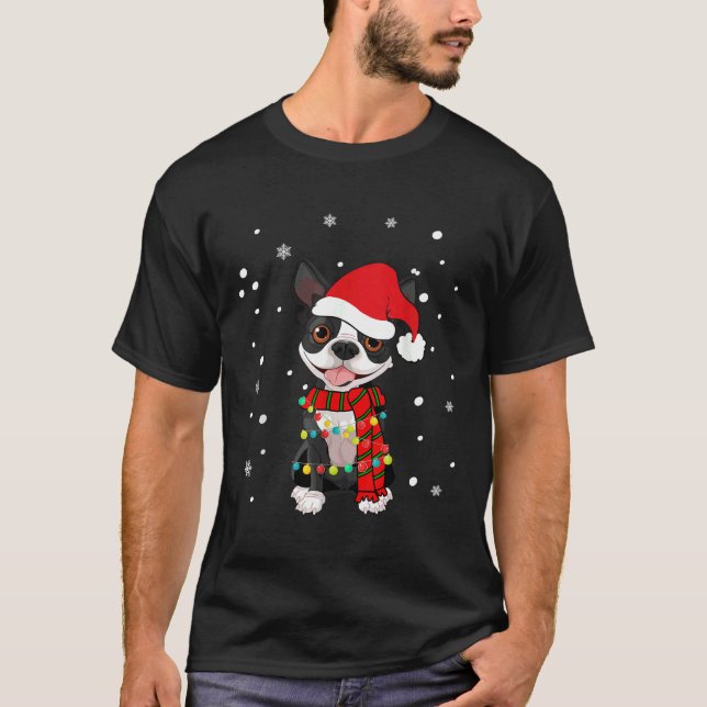 Boston Terrier Hund Santa Hat jul Hund Light T Shirt (Framsida)