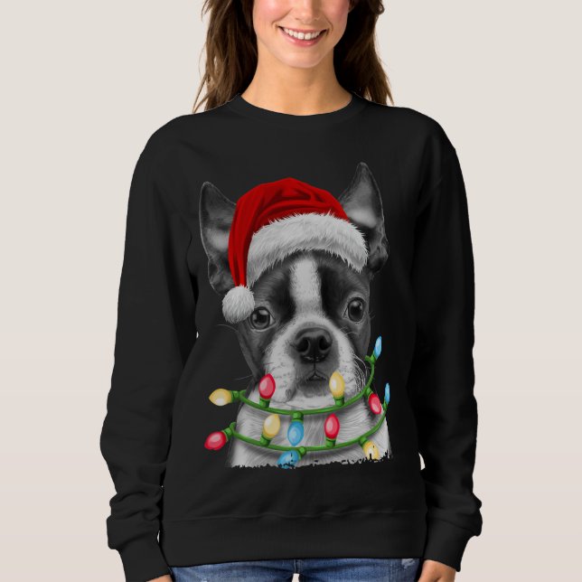 Boston Terrier Hund Santa Julgran Ljus Xma T Shirt (Framsida)