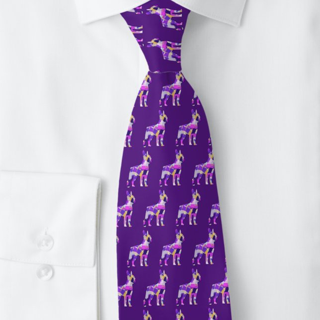 Boston Terrier Hund Silhouette Lila Mörk Nacke Slips (Boston terrier colourful silhouette pattern purple tie)