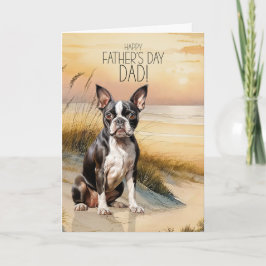 Boston Terrier Hund Solnedgång Strand Fars Dag Helgkort