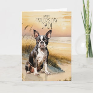 Boston Terrier Hund Solnedgång Strand Fars Dag Helgkort