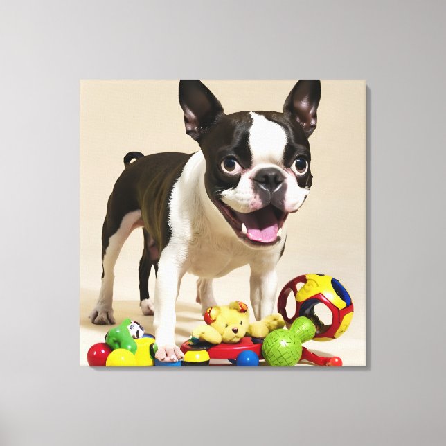 Boston Terrier Hund som leker med leksaker Canvastryck (Framsida)