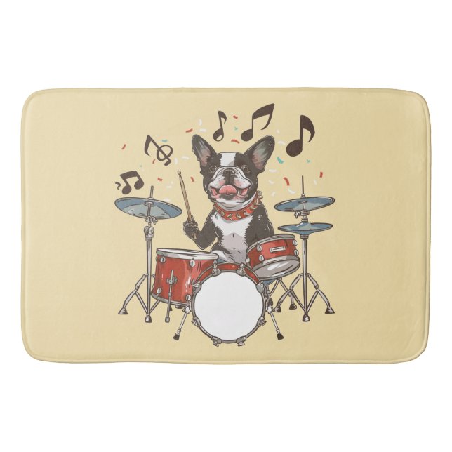 Boston Terrier Hund som spelar trummor Badrumsmatta (Framsidan)