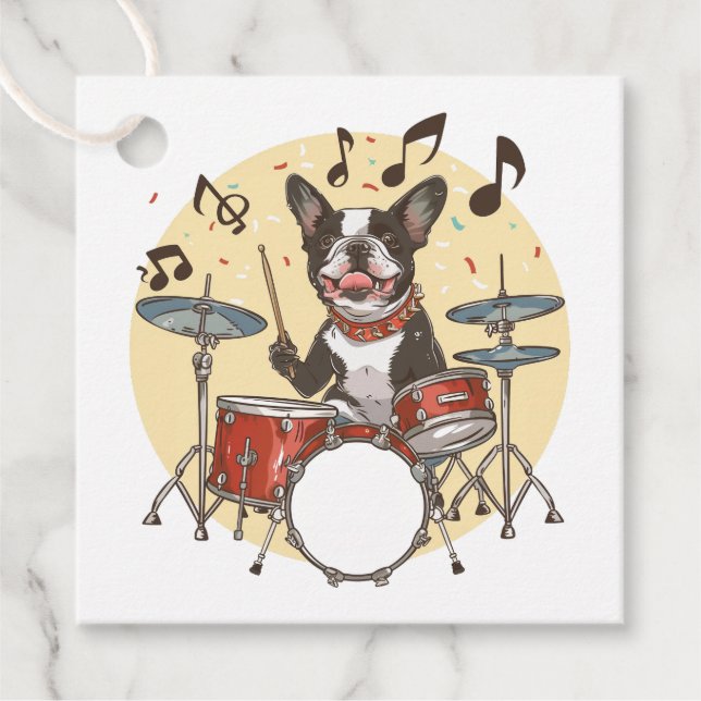 Boston Terrier Hund spelar Drums Gåvor Etiketter (Framsida)