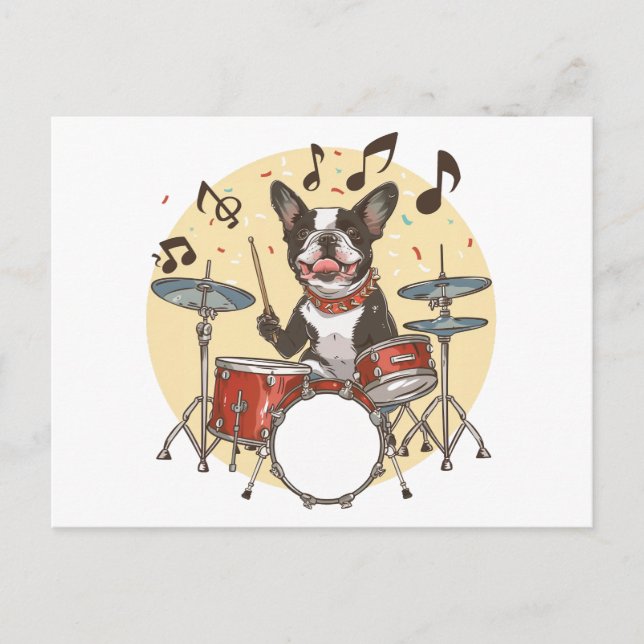 Boston Terrier Hund spelar Drums Vykort (Framsida)