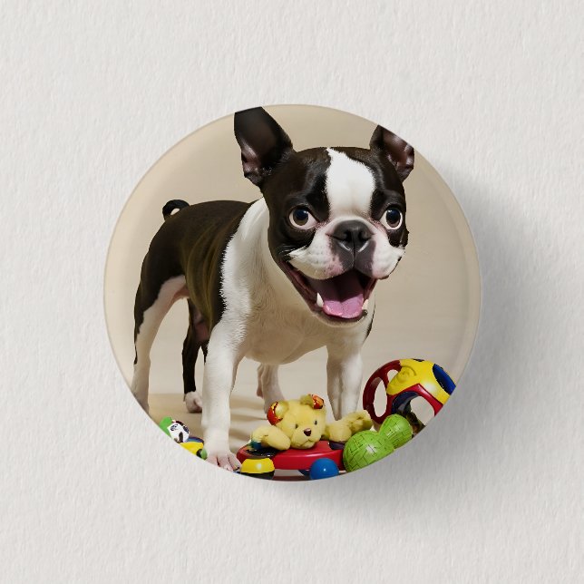 Boston Terrier Hund spelar med Leksak Knapp (Framsida)