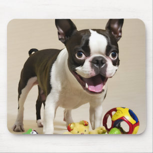 Boston Terrier Hund spelar med Leksak Musmatta