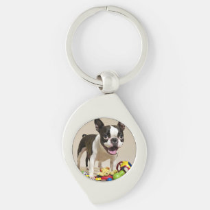 Boston Terrier Hund spelar med Leksak Swirl Silverfärgad Nyckelring