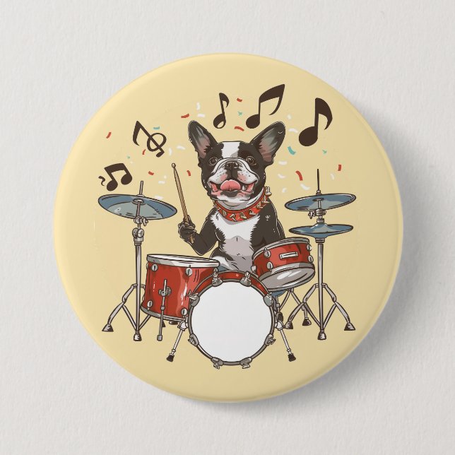 Boston Terrier Hund Spelar Trumma Knapp (Framsida)
