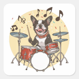 Boston Terrier Hund Spelar Trummor Fyrkantigt Klistermärke