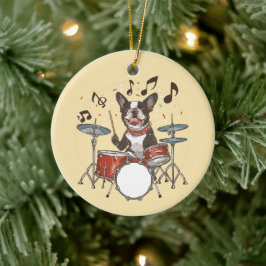 Boston Terrier Hund spelar trummor Julgransprydnad Keramik