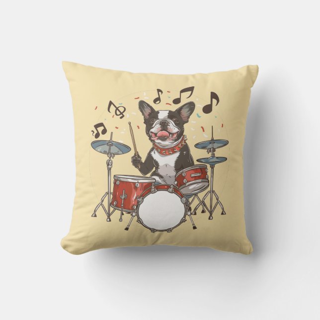 Boston Terrier Hund Spelar Trummor Kudde (Framsida)
