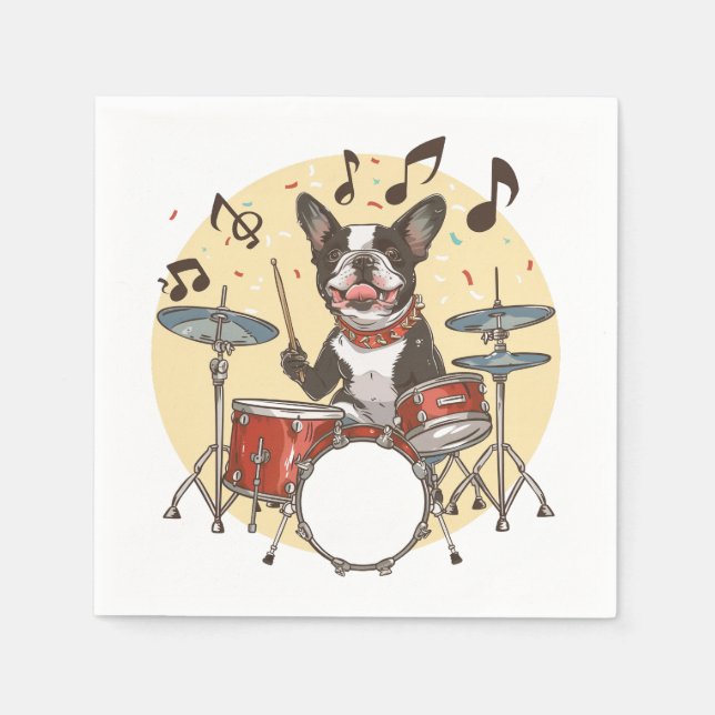 Boston Terrier Hund Spelar Trummor Pappersservett (Framsidan)