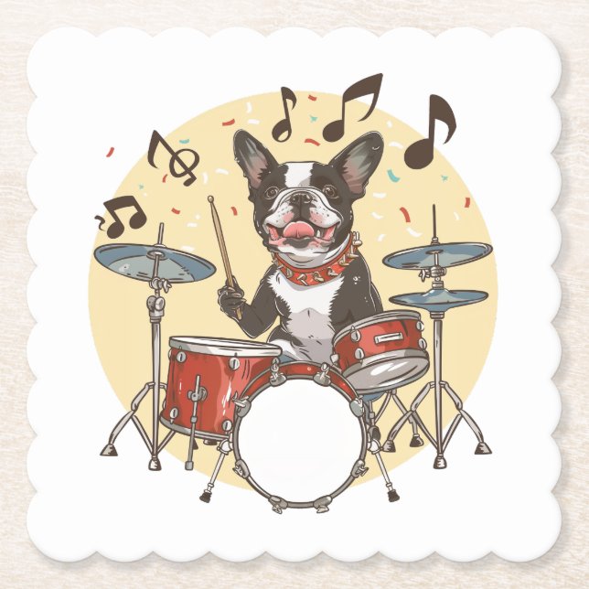 Boston Terrier Hund Spelar Trummor Underlägg Papper (Framsida)