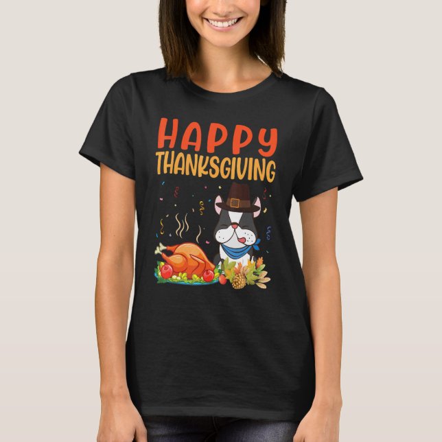 Boston Terrier Hund Titta på Turkiet Kött Lycklig  T Shirt (Framsida)