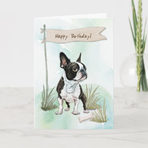 Boston Terrier-Hund utomhus under födelsedagsskylt Kort