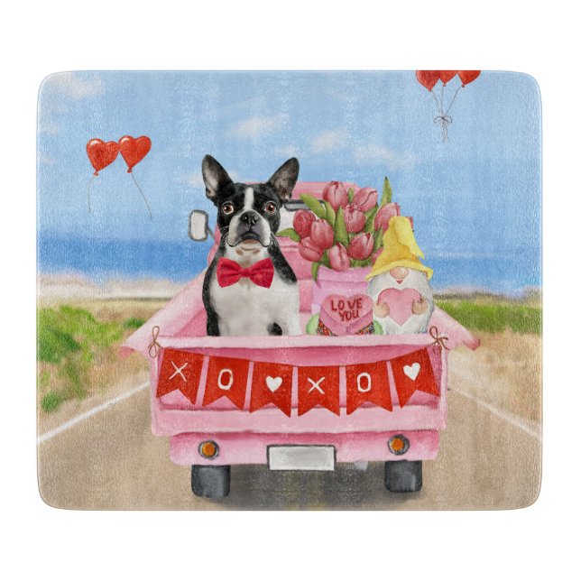 Boston Terrier Hund Valentine Day Lastbil Hearts (Framsidan)