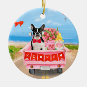 Boston Terrier Hund Valentine Day Lastbil Hearts Julgransprydnad Keramik
