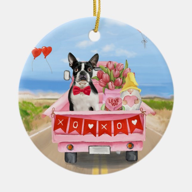 Boston Terrier Hund Valentine Day Lastbil Hearts Julgransprydnad Keramik (Framsidan)