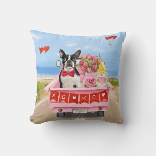 Boston Terrier Hund Valentine Day Lastbil Hearts Kudde (Framsida)
