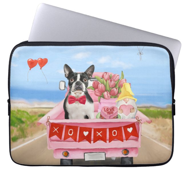 Boston Terrier Hund Valentine Day Lastbil Hearts Laptop Fodral (Framsidan)