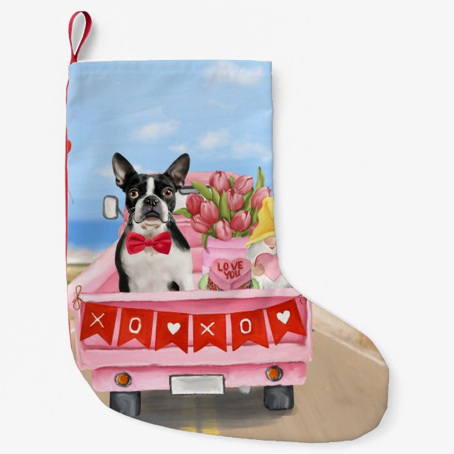 Boston Terrier Hund Valentine Day Lastbil Hearts Liten Julstrumpa (Framsidan)