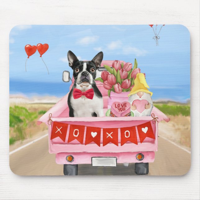 Boston Terrier Hund Valentine Day Lastbil Hearts Musmatta (Framsidan)