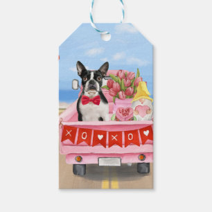 Boston Terrier Hund Valentine Day Lastbil Hearts Presentetikett