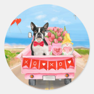 Boston Terrier Hund Valentine Day Lastbil Hearts Runt Klistermärke