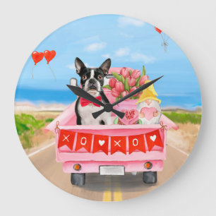 Boston Terrier Hund Valentine Day Lastbil Hearts Stor Klocka
