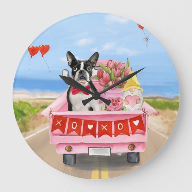 Boston Terrier Hund Valentine Day Lastbil Hearts Stor Klocka (Framsida)