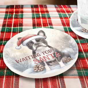 Boston Terrier Hund väntar på Santa Watercolor Underlägg