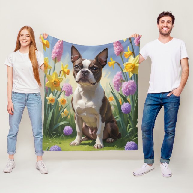 Boston Terrier Hund Vår blommor Painting Fleecefilt (På plats)