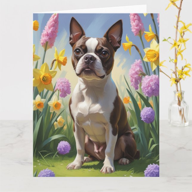 Boston Terrier Hund Vår blommor Painting Kort (Gul blomma)