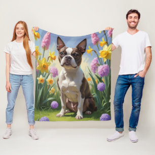 Boston Terrier Hund Vårblommor Målning Fleecefilt