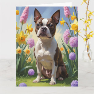 Boston Terrier Hund Vårblommor Målning Kort