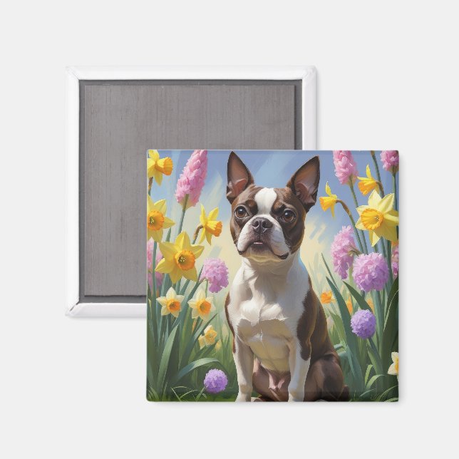 Boston Terrier Hund Vårblommor Målning Magnet (Front/Back)