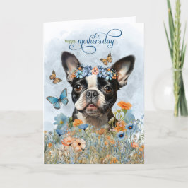 Boston Terrier Hund Vildblommor Mors Dag Helgkort