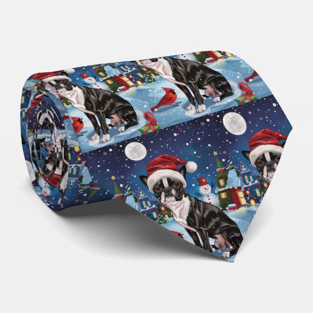 Boston Terrier Hund Vinterundret Julglädje Slips (Rullad)