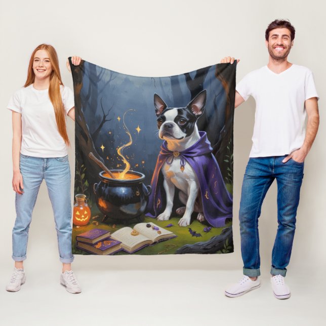 Boston Terrier Hund Whimsical Halloween-målning Fleecefilt (På plats)