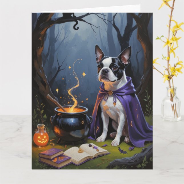 Boston Terrier Hund Whimsical Halloween-målning Kort (Gul blomma)