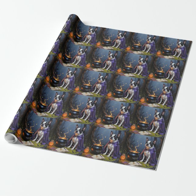Boston Terrier Hund Whimsical Halloween-målning Presentpapper (Utrullad)