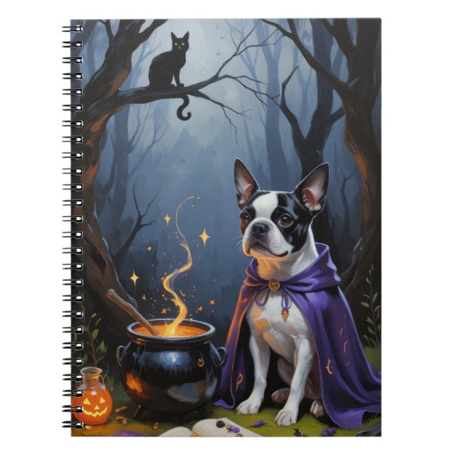 Boston Terrier Hund Whimsical Halloween Painting Anteckningsbok (Framsidan)