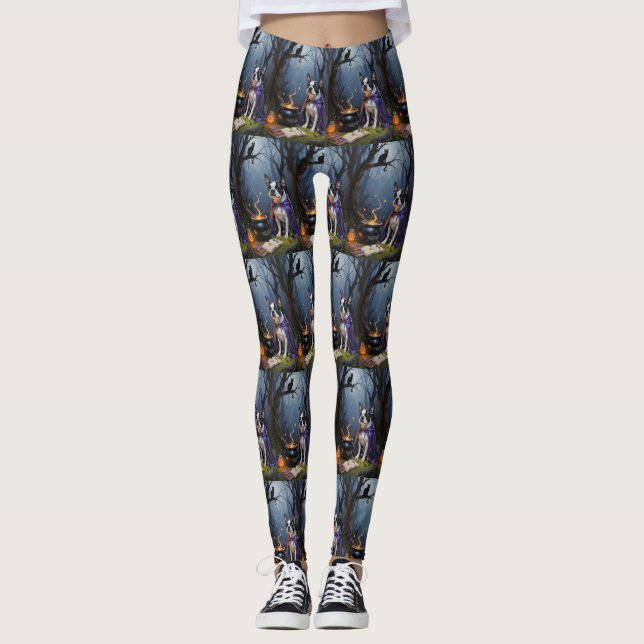 Boston Terrier Hund Whimsical Halloween Painting Leggings (Framsida)